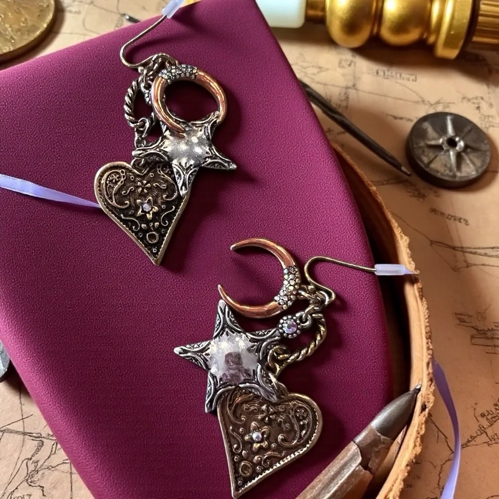Boho Silver, Copper, and Bronze Toned Star and Heart Earrings Celestial Witchy